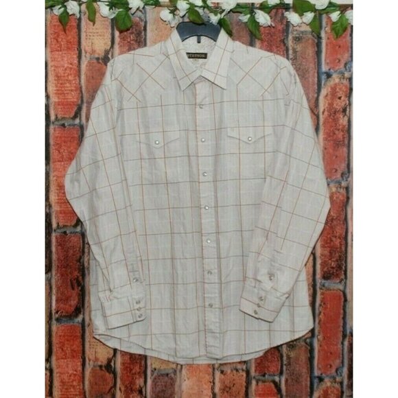 Stetson Men's 2XL Western Dress Shirt Cream Plaid Embroidered Pearl Snap Rodeo C - Picture 1 of 10